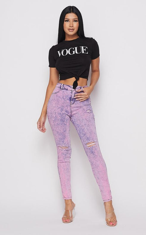 Acid Wash Slightly Ripped Stretchy Skinny Jeans - Lavender - SohoGirl.com